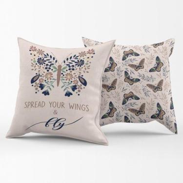 Imagem de Par de Capas de Almofadas Estampadas Borboleta Azul Marinho/Caqui 45cm