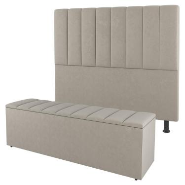 Imagem de Kit Cabeceira e Baú Cama Box Casal Cora 140cm Suede Bege - Desk Design