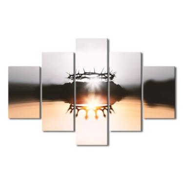 Imagem de 5 peças de arte de parede em tela A coroa de espinhos decoração de quarto moderna Jesus sofrendo decorações de parede para sala de estar Morte do Salvador e Rei Ressuscitado Arte de parede emoldurada