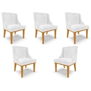 Imagem de Kit 5 Cadeiras Decorativas Sala De Jantar Base Fixa De Madeira Firenze Pu Branco Brilho/castanho G19