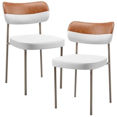 Imagem de Kit 02 Cadeiras Decorativa Para Sala De Jantar Melina Base Arena L02 Faixa Couríssimo Camel Facto Branco
