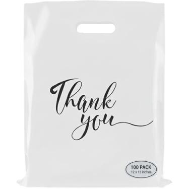 Imagem de Rainbows & Lilies 100 sacos de agradecimento, sacos plásticos de 30,5 x 30,5 cm com alças, sacolas de compras para pequenas empresas, presentes, sacolas de brinde - Sacos grossos reutilizáveis (branco)