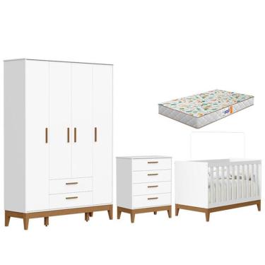 Imagem de Quarto De Bebê Flip Guarda Roupa 4 Portas Branco Acetinado Com Colchão Gazin - Reller