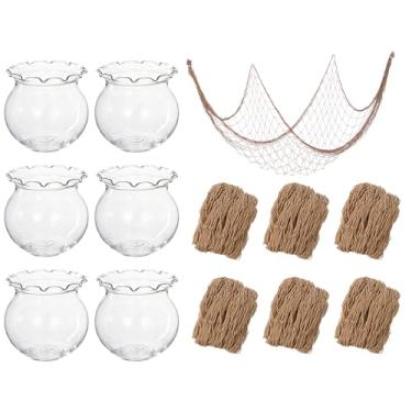 Imagem de SATINIOR 6 peças de mini aquário de plástico com decoração de rede de peixe, 6 tigelas pequenas de 2 litros de renda com bolhas par com 6 arrastões, para aquário temático do oceano, festas havaianas