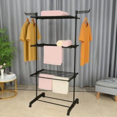 Imagem de Varal De Chão 3 Andares Para Roupas e Calcinhas 4 Rodas Dobrável Reforçado e Portátil(Todo Preto)