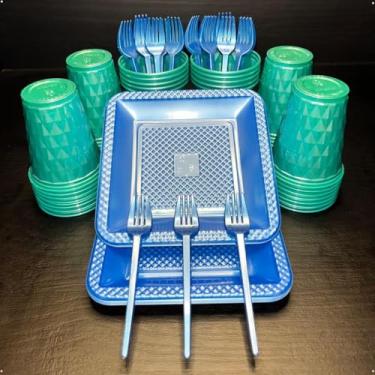 Imagem de Conjunto de luxo descartável para festas de aniversário com 260 peças Pratos quadrados de plástico colorido com efeito perolado Cores doces (Verde Azul Perolado)