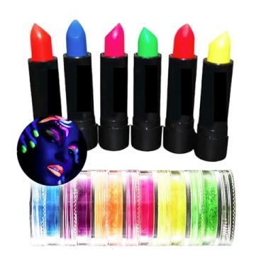 Imagem de Kit Maquiagem Neon Luz Negra: 6 Batons Sortidos + 6 Pigmentos Coloridos - Maquiagem Carnaval Festa Balada Halloween