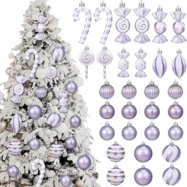 Imagem de Soulchen Conjunto de 30 peças de enfeites de pirulito de bengala doce de Natal 2025 pastel roxo para decoração de árvore de Natal, bolas de bengala doce, enfeites de plástico variados para decoração