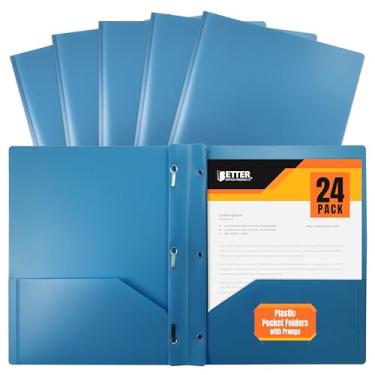 Imagem de Pastas de plástico azul claro com 2 bolsos da Better Office Products com pinos, pacote com 24, pastas de poliéster de tamanho de letras pesadas com 3 clipes de metal para prendedor de pinos, azul claro