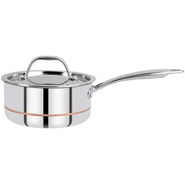 Imagem de HOUSE OF BHARAT 5CX 1,6 LTR 16 cm de diâmetro com tampa (aço inoxidável, fundo de indução) Núcleo de cobre, 5 camadas, lavável na lava-louças, panela com tampa/panelas, 1,6 quartzo, chaleira estilo