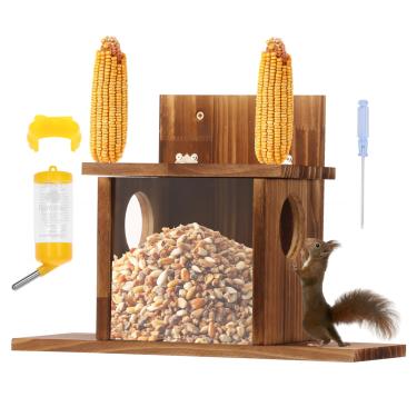 Imagem de UKQRRTC Alimentador de esquilos de madeira, alimentador de esquilos com câmara de alimentos transparente, tratamento de superfície, madeira de pinho carbonizada, design flip top impermeável para milho