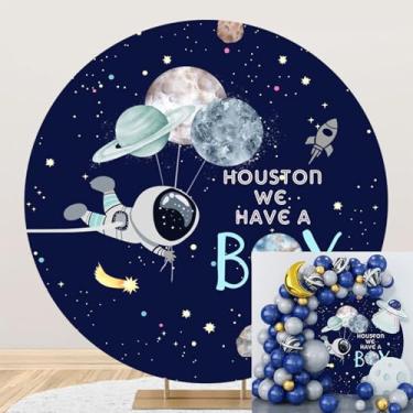 Imagem de Poliéster diâmetro 2,1 m Houston We Have a Boy cenário fotográfico redondo desenho animado céu estrelado astronauta foguete planeta foto fundo menino festa aniversário decoração chá de bebê