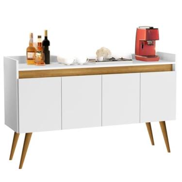 Imagem de Aparador Buffet Retrô com Pés de Madeira Maciça 3 ou 4 Portas Prateleira Organizadora para Sala e Entrada(Luxo 4 Branco Com Madeirado)