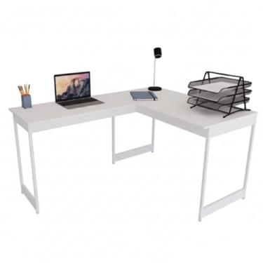 Imagem de Mesa Em L Estilo Industrial Escrivaninha De Canto Escritório Estudo Beni Camaleão (Branco pés brancos)