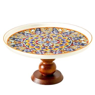 Imagem de Suporte de bolo de cerâmica com elegante pé curvado de madeira, suporte de sobremesa versátil de 20 cm, conjunto de exibição de mesa de sobremesa 2 em 1 e tábua de charcutaria para aniversário/cozinha