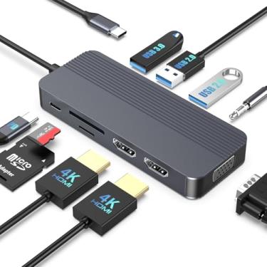 Imagem de Estação de ancoragem com monitor duplo, hub USB C 10 em 1 com HDMI duplo, VGA, porta de carregamento rápido, USB 3.0, leitor de cartão SD/TF, auxiliar de 3,5 mm, dongle USB C para laptops HP/Dell