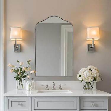 Imagem de ANDY STAR Espelho arqueado recortado, espelho de banheiro irregular cromado polido de 55 x 89 cm para penteadeira, topo curvo assimétrico com moldura de aço inoxidável antiferrugem, para entrada