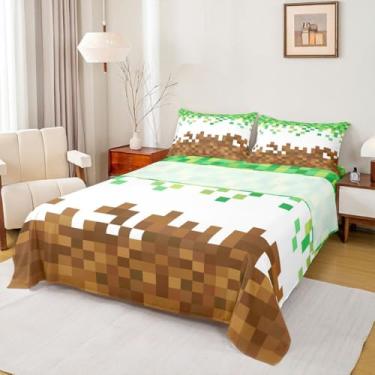 Imagem de Manfei Jogo de lençol pixelado, solteiro, geométrico, patchwork quadriculado, decoração de quarto de mineiros, para quarto de crianças, marrom e verde, 3 peças (lençol com elástico + 1 fronha)