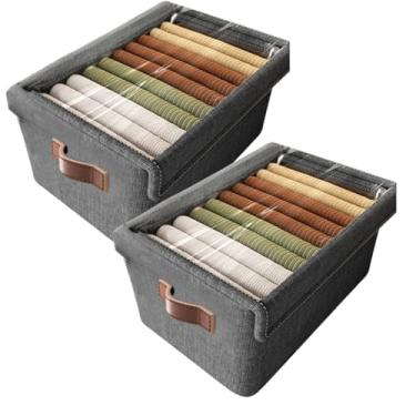 Imagem de Kit 2 Cestos Organizadores Dobráveis com Tampa Transparente 48x29x20cm | Empilháveis com Alças Reforçadas | Ideais para Roupas, Acessórios, Sapatos e Closet.