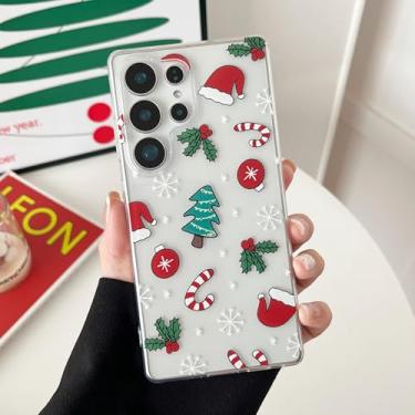 Imagem de RALEAVO Capa para Samsung Galaxy S24 Ultra Natal, capa transparente para mulheres, meninas, crianças com chapéus, capa fina de silicone TPU à prova de choque, transparente, flocos de neve brancos