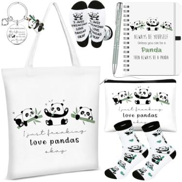 Imagem de Gilprop 6 peças de presente engraçado panda sacola de compras chaveiro bolsa cosmética espiral caderno caneta esferográfica meias I Just Freaking Like Pandas presente de aniversário Natal
