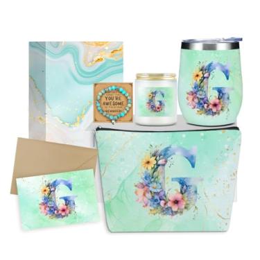 Imagem de Presentes personalizados monograma presentes de aniversário para mulheres, sua funcionária inauguração de casa natal inicial copo de vinho bolsa de maquiagem conjunto de pulseira vela perfumada (flor