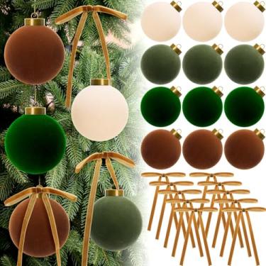 Imagem de Liliful Conjunto de 24 bolas de Natal de veludo de 8,5 cm com laço de guirlanda, enfeites de Natal flocados, 24 laços de fita de veludo, enfeites de árvore de Natal para decoração de árvore de Natal