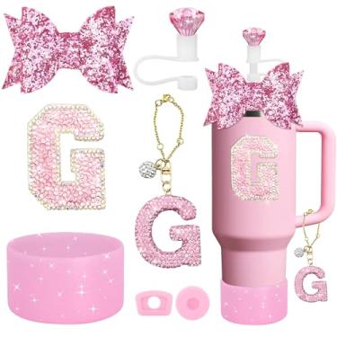 Imagem de YesMvpMvp Conjunto de acessórios de copo Stanley de 7 peças, pingente de letra para copos Stanley, incluindo canudo de diamante, canudo de laço, bota de silicone brilhante para Owala 850 g e 1,134 g