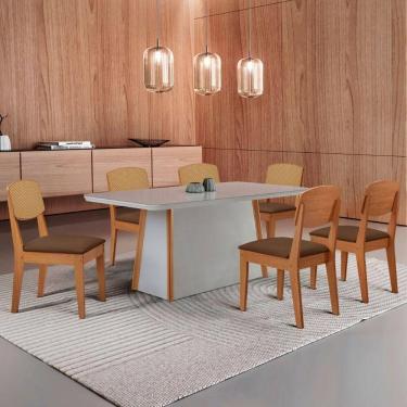 Imagem de Mesa Jantar Diane 180cm Tampo Mdf Vidro 6 Cadeiras Copper Prem Moderna Veludo Marrom Off White Serigrafia