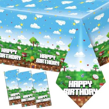 Imagem de WAHA-GG Pacote com 3 toalhas de mesa de videogame, toalha de mesa descartável de plástico com tema de jogos, design retrô de bloco de arte pixel, padrões quadrados vibrantes de 8 bits para festas de