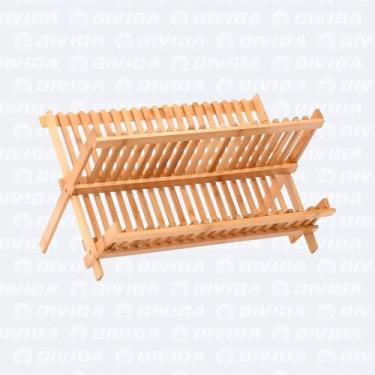 Imagem de Escorredor de Pratos em Bambu, Dobrável, 2 Níveis, para Cozinha, Organizador de Louça, Design Compacto