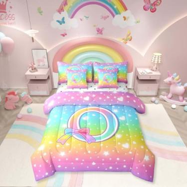 Imagem de Erosebridal Jogo de edredom solteiro com letra O com inicial O, 7 peças, arco-íris, com laço de princesa, ombré, com glitter, tie dye, respirável, leve