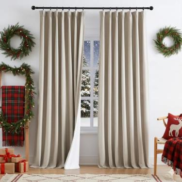 Imagem de Cortinas plissadas Memory Trained Pinch 213,4 cm de comprimento Natural Taupe Linho, cortinas blackout completas para sala de estar, cortinas de janela com isolamento térmico para quarto, aba traseira