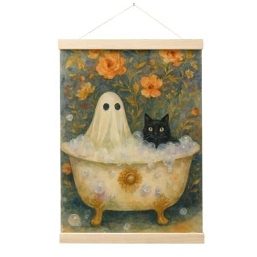Imagem de Evcprz Quadro de pôster de arte de parede de banheiro fantasma de Halloween gato preto, decoração de banheiro de Halloween, gato preto fantasma floral cottagecore na banheira, impressões em tela