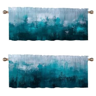 Imagem de WUQIANQ Conjunto de 2 cortinas de cozinha turquesa abstrata com pintura artística azul-petróleo e cinza, bolso para varão, cortinas decorativas para janela pequena, sanefa para café, sala de estar