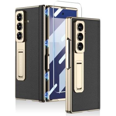 Imagem de Capa de couro para Samsung Galaxy Z Fold 7 com suporte, [protetor de tela integrado e proteção magnética da dobradiça] Capa fina e luxuosa à prova de choque para Samsung Galaxy Z Fold 7 (dourado +