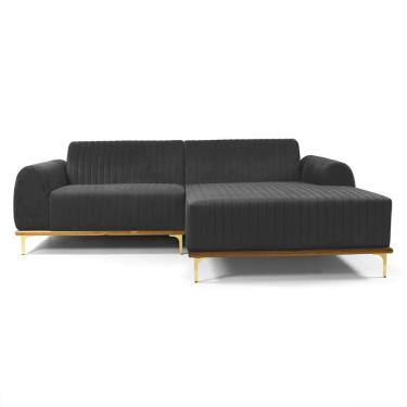 Imagem de Sofá 3 Lugares Molino com Chaise Direito Veludo Cinza e Dourado