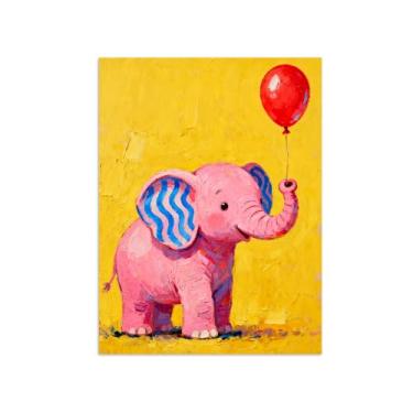 Imagem de Animais Pintura Arte Parede - Balão de Elefante - Impressões em tela - Moderno Colorida Pôster para decoração sala de estar 60x80cm Sem Moldura