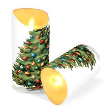 Imagem de Blueangle Pacote com 2 velas de árvore de Natal em aquarela sem chama com controle remoto e temporizador, velas LED cintilantes (7,6 cm x 9,9 cm) para decoração de casa, casamento, acampamento (107)