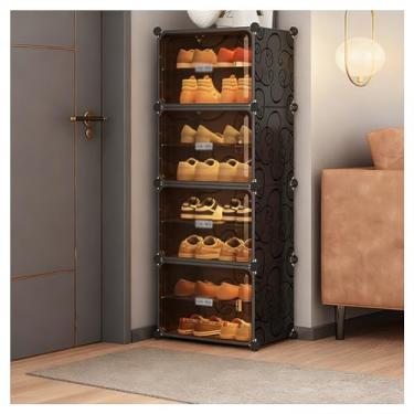 Imagem de SPXMQSS Armário de sapatos, sapateira de 6/8 níveis economiza espaço para 12-32 pares de sapatos armazenamento de sapatos de plástico com porta armazenamento multifuncional para entrada, sala de estar