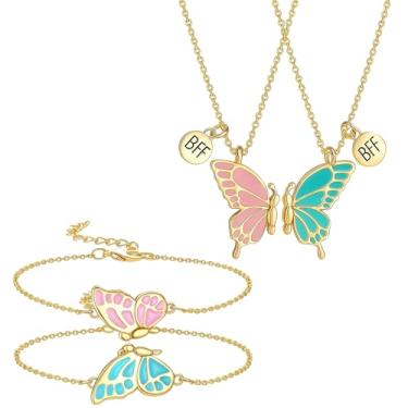 Imagem de ZHLKHIOP 2 conjuntos de 4 pulseiras com pingente de borboleta, colar bff para 2, pulseiras bff para 2, joias para melhores amigos, presentes de amizade combinando