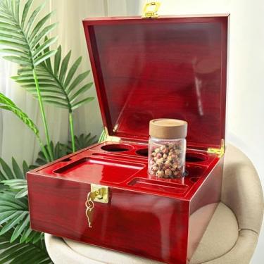 Imagem de AMIDA Caixa de madeira grande com fechadura, caixa de armazenamento de alto brilho com bandeja e divisória removíveis, 3 frascos de vidro, pincel, cinzeiro, caixa decorativa, ótima opção de presente