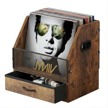 Imagem de VonDream Caixa de armazenamento de discos de vinil com gaveta de tecido, suporte de armazenamento de álbum LP de madeira para vinil de 30 cm, organizador multifuncional comporta 60 LPs