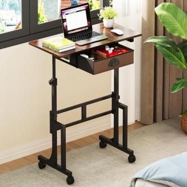 Imagem de Mesa de pé de altura ajustável com gaveta, mesa de suporte com rodas, mesa de computador pequena, altura ajustável para mesa, sobre rodas, marrom, para tapete de caminhada, esteira de laptop