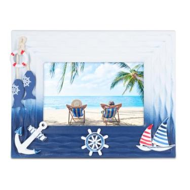 Imagem de Himitimi Moldura de praia azul, 10 x 15 cm, moldura de madeira do oceano mediterrâneo, decoração de mesa para decoração de quarto de fazenda costeira, presentes para amantes de praia (Horizontal)