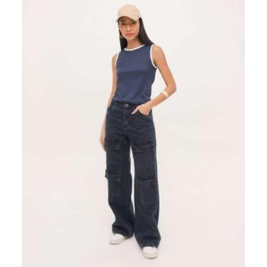 Imagem de Calça Jeans Wide Leg Cargo Feminina Sawary-59080, Jeans preto, 36