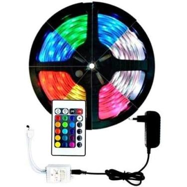 Imagem de Fita LED RGB 5050 5 Metros IP65 – Kit Completo com Controle Remoto e Fonte Bivolt 110/220V - 12V 3A, 300 Leds, Silicone Impermeável, Adesivo Dupla Face, Corte Personalizado e Efeitos Coloridos