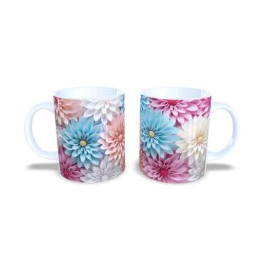 Imagem de Caneca de Cerâmica 325ml com Design de Flores 3D Coloridas, Estampa Floral Rosa, Azul e Amarelo (14125)