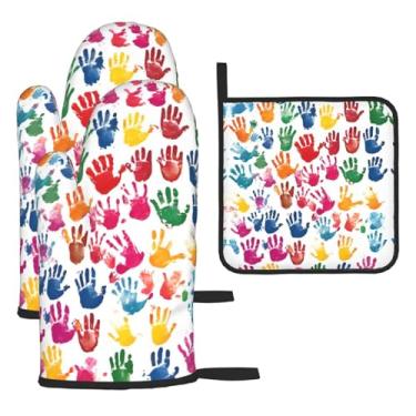 Imagem de Impressão à mão – Conjunto de cozinha essencial de 3 peças, luvas seguras para calor e aderência de tampa, proteção para churrasco no forno, design de armazenamento suspenso.
