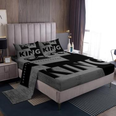 Imagem de Erosebridal Jogo de lençol King Crown vintage, preto e cinza, tamanho Queen, romântico dia dos namorados, presente de casal para ele e ela